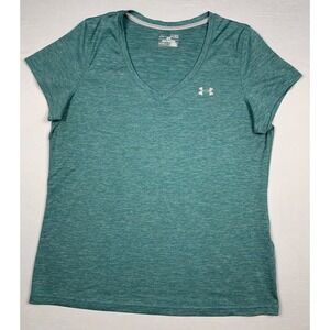 Under Armour V Neck T Shirt Womens XL Green HeatGear Running Workout Top